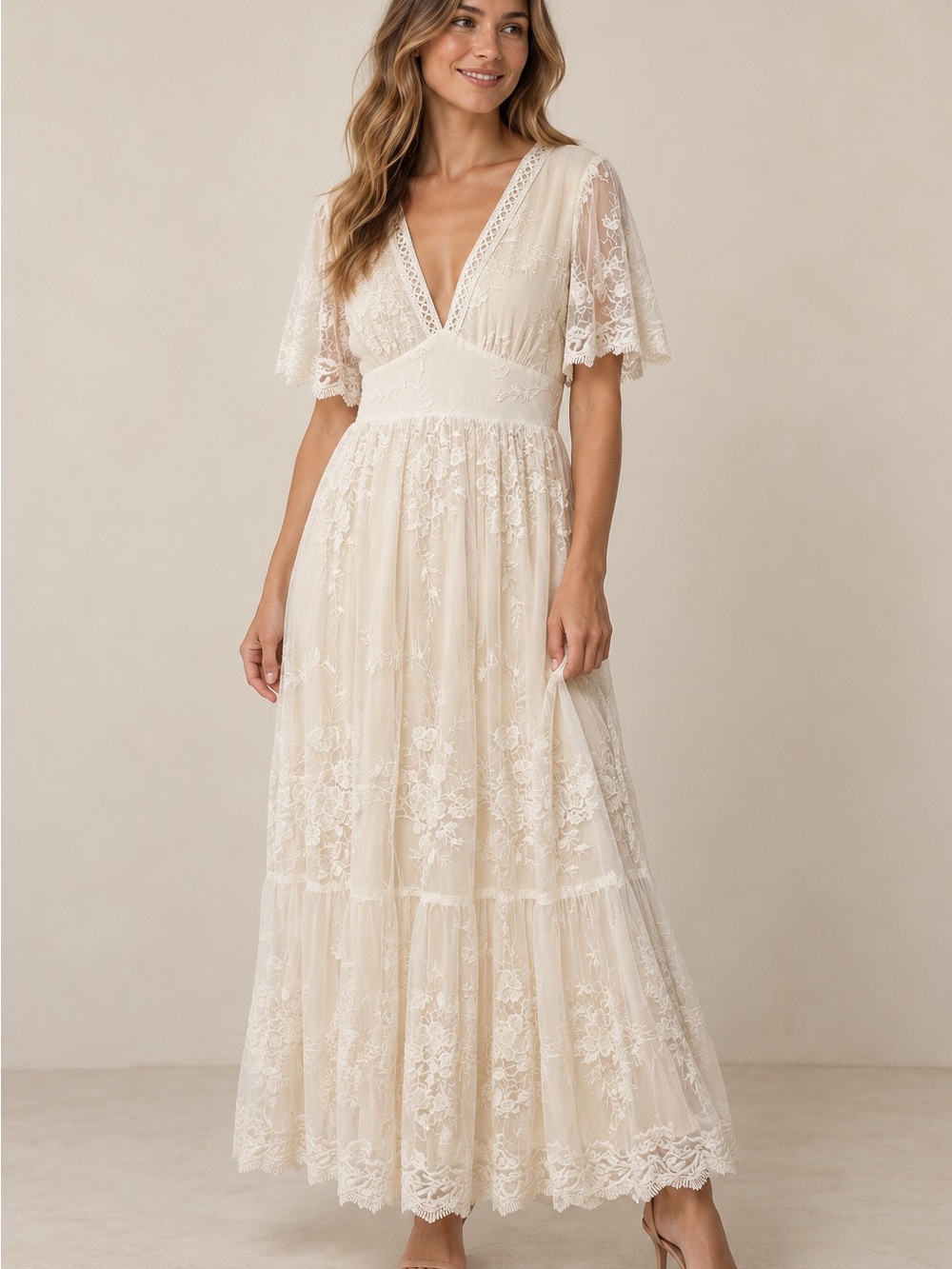 Baltic Born Ivory Embroidered Lace Maxi Dress – Size Medium